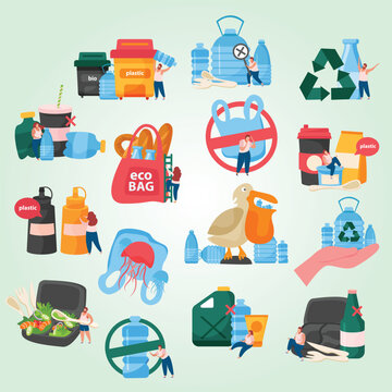 flat recolor icon set with eco plastic bag plastic bottles pollution recyclable materials vector illustration
