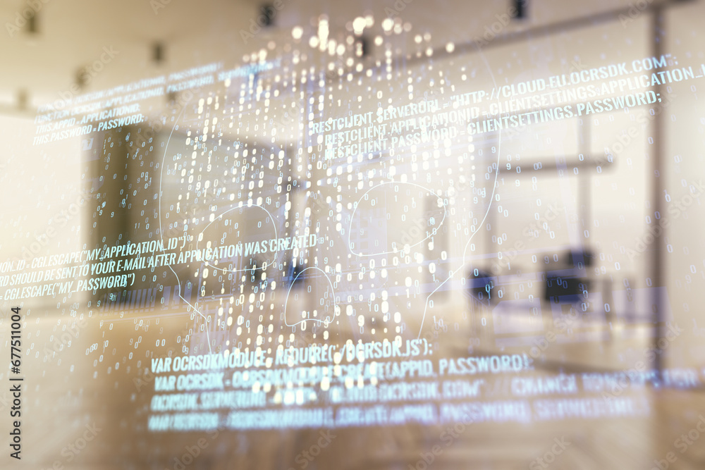 Poster abstract virtual code skull illustration on a modern furnished office background. hacking and phishi