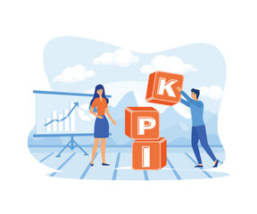  KPI. A woman and a man put the word KPI together with cubes. flat vector modern illustration 
