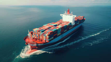 A drones-eye view of a container vessel,  a marvel of maritime engineering