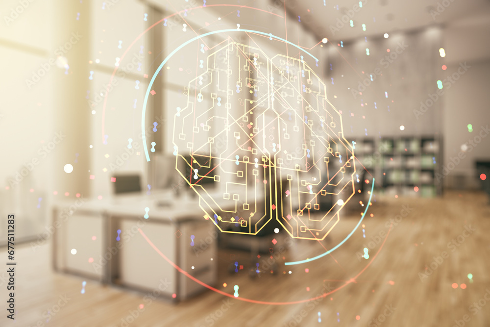 Poster double exposure of creative artificial intelligence interface on modern corporate office background.