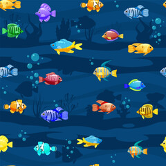 Fototapeta na wymiar Tropical fishes cartoon seamless pattern. Cute funny underwater characters