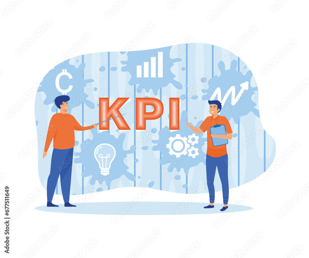 Poster key performance indicator concept. businessman pointing major kpi points to colleagues following obj