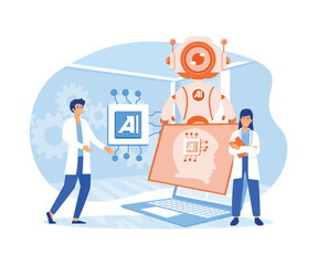 Brain with neural network on laptop and scientists, tiny people. flat vector modern illustration 