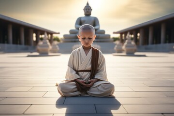 A little monk or novice meditates in front of a statue of Buddha - obrazy, fototapety, plakaty