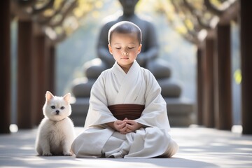 A little monk or novice meditates in front of a statue of Buddha