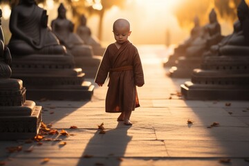 A little monk or novice walking meditation in front of a statue of Buddha. - obrazy, fototapety, plakaty
