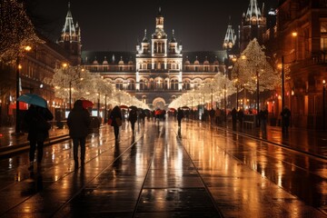 Fototapeta premium Captivating Christmas Market Buzzing with Joyous Activities in the Bustling Heart of a Vibrant City