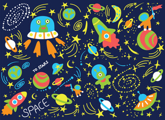
Cute Monster in space Vector isolated illustration. Happy Kids cartoon character design print on textile, on fabric, poster, baby products, packaging paper for boys or girls Colorful seamless pattern