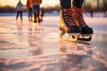 Outdoor Ice Rinks: Showcase the joy of ice skating and hockey on frozen ponds or man-made rinks. - Generative AI - obrazy, fototapety, plakaty