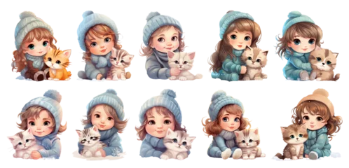 Fotobehang set of cute little Girl with cat on transparant background, png, generated ai © weissdesign