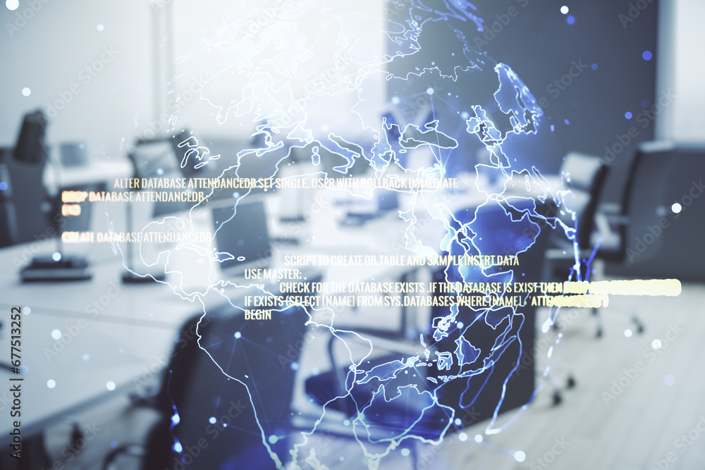 Poster abstract virtual coding concept and world map hologram on a modern furnished office background. mult