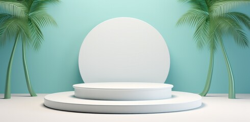 Obraz premium White pedestal circle surrounded by palm trees. There is space to place products.