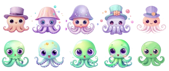 Fotobehang set of cute octopus animal Clipart Sticker on transparent isolated Background, png, generated ai © weissdesign
