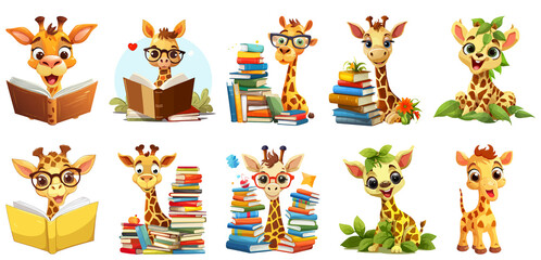 Fototapeta premium set of cute Giraffe Clipart Sticker, transparent isolated Background, PNG, generated ai