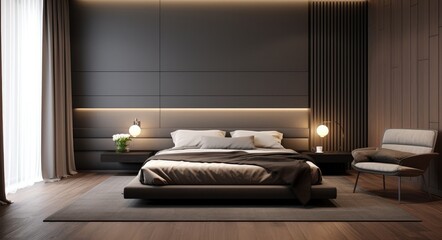 Bedroom with a bed and wooden floors, in the style of dark silver and dark beige, stripes and shapes, matte background.