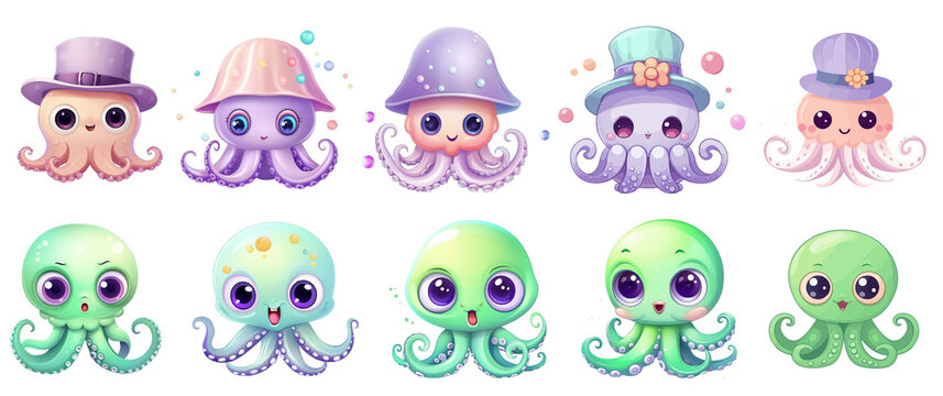 set of cute octopus animal Clipart Sticker on transparent isolated Background, png, generated ai