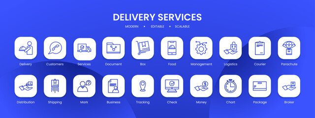 Delivery services icon collection with black filled outline style. delivery, service, business, shipping, cargo, package, fast. Vector illustration