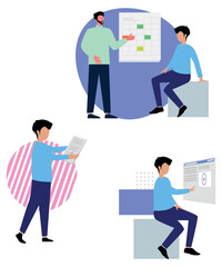 Lazy Flat Art Working Vectors Of 4 Company People Solving On Business Problems