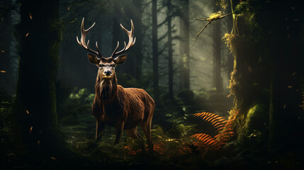 Portrait of a deer in a dark forest scenery