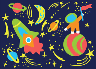 
Cute Monster in space Vector isolated illustration. Happy Kids cartoon character design print on textile, on fabric, poster, baby products, packaging paper for boys or girls Colorful seamless pattern