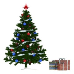 Christmas tree with decorations isolated on white background, 3D illustration, cg render