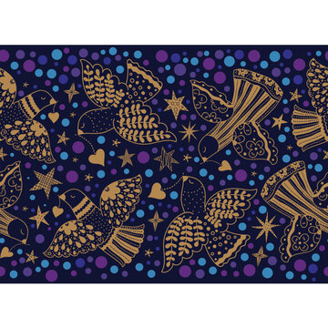 Doves and stars. Christmas motifs. Horizontal seamless pattern.