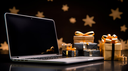 Laptop with starry backdrop and assorted gift boxes with golden ribbons.