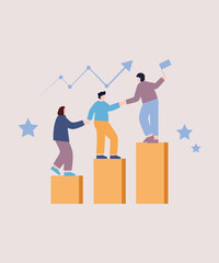 Lazy Flat Art Working Illustration Of 3 Company People Working On Success Growth And Progress