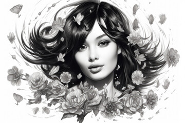 Beautiful drawing of woman with flowers in her hair. This versatile image can be used for various purposes