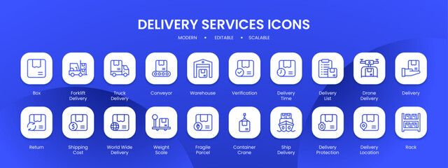Delivery services icon collection with black filled line outline style. delivery, service, set, business, shipping, cargo, package. Vector Illustration