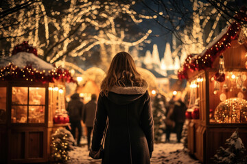 Woman is seen walking down snow covered street at night. This image can be used to depict peaceful winter evening or to illustrate beauty of snowy cityscape - obrazy, fototapety, plakaty