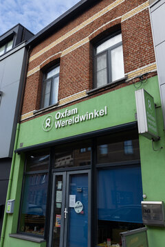 DENDERMONDE, BELGIUM; 8 NOVEMBER 2023: Exterior view of a Oxfam 'wereldwinkel' (world shop) in Flanders. At the world shop, you can buy food and craft products from producers in "third world" countrys