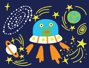 
Cute Monster in space Vector isolated illustration. Happy Kids cartoon character design print on textile, on fabric, poster, baby products, packaging paper for boys or girls Colorful seamless pattern