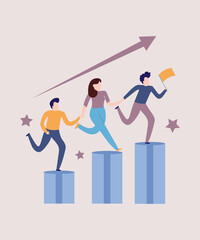 Lazy Flat Art Working Illustration Of 3 Corporate People Working On Success Growth And Progress