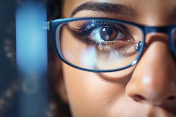 Close up photograph of person wearing glasses. This image can be used to depict intelligence, professionalism, or studious atmosphere - obrazy, fototapety, plakaty