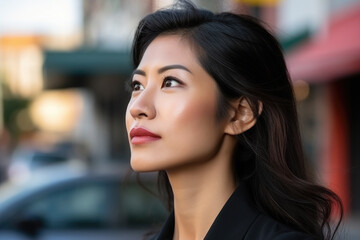 Obraz premium Woman wearing black jacket is captured in this image as she looks away from camera. This versatile picture can be used in various contexts