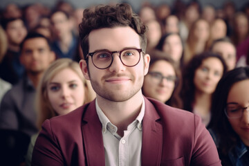 Obraz premium Man in suit and glasses is seated in front of group of people. This professional image can be used to depict leadership, business meetings, teamwork, or corporate presentations