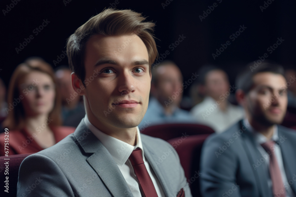Poster man wearing suit and tie is seated in front of large crowd. this image can be used to depict speaker
