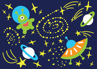 
Cute Monster in space Vector isolated illustration. Happy Kids cartoon character design print on textile, on fabric, poster, baby products, packaging paper for boys or girls Colorful seamless patter
