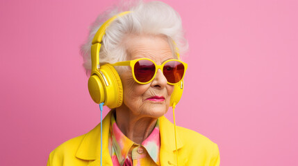 Cheerful elderly gray-haired female woman with tattoo casual cloth listening music with headphones keeping eyes closed isolated on pastel yellow pink color background studio portrait