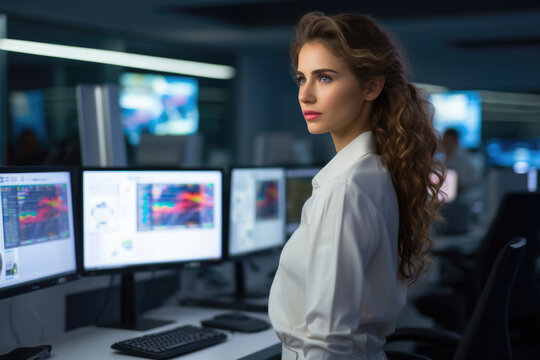 Woman standing in front of computer screen. This image can be used to depict technology, work, or online communication