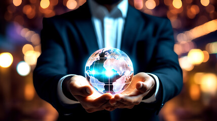 Fototapeta premium Businessman holding a globe model showing that business on the planet is growing, business concept
