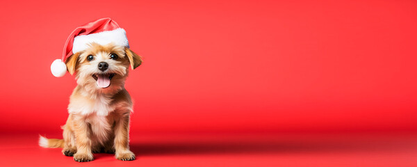 Portrait smile dog in santa claus hat siiting on red background