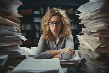 Business woman looking angry on top of a pile of paperwork. - obrazy, fototapety, plakaty