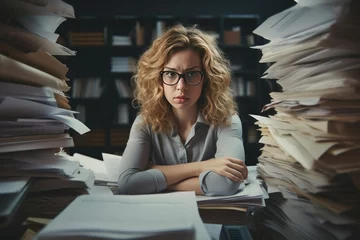 Fotobehang Business woman looking angry on top of a pile of paperwork. © Goojournoon