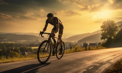 Cyclist rides his bike on a hilly road.
