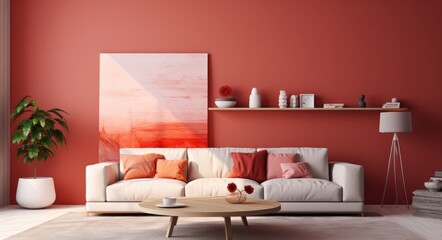 Living room with a bright red color room interior, in the style of soft, muted color palette, dark white and light pink.