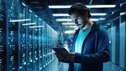 Fototapeta premium Man in a server room standing near an tablet checking about network and data system.