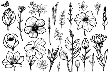 Vector botanical collection of floral drawing flowers and leaves, monochrome artistic botanical illustration. Isolated